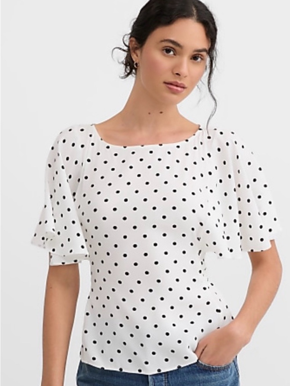LOFT White Polka Dot Flutter Sleeve Blouse